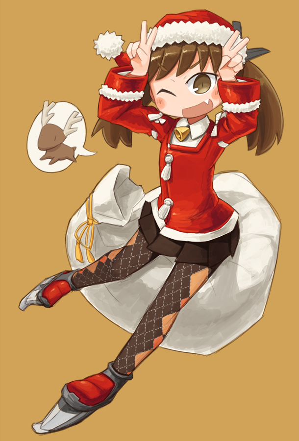 &gt;:d 1girl :d argyle argyle_legwear bell bell_collar blush brown_eyes brown_hair collar double_v fang gift_bag hat japanese_clothes kantai_collection kariginu nanatsuta one_eye_closed open_mouth pantyhose pleated_skirt reindeer ryuujou_(kantai_collection) santa_hat skirt smile spoken_animal twintails v