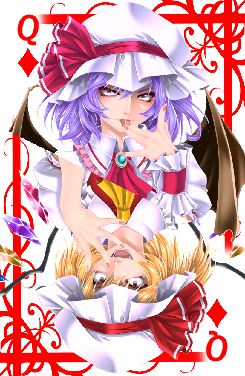 2girls ascot bat_wings card card_(medium) fangs finger_licking flandre_scarlet hat hat_ribbon highres licking looking_at_viewer multicolored_wings multiple_girls open_mouth playing_card remilia_scarlet ribbon short_hair siblings sisters tongue tongue_out touhou wings yoiti