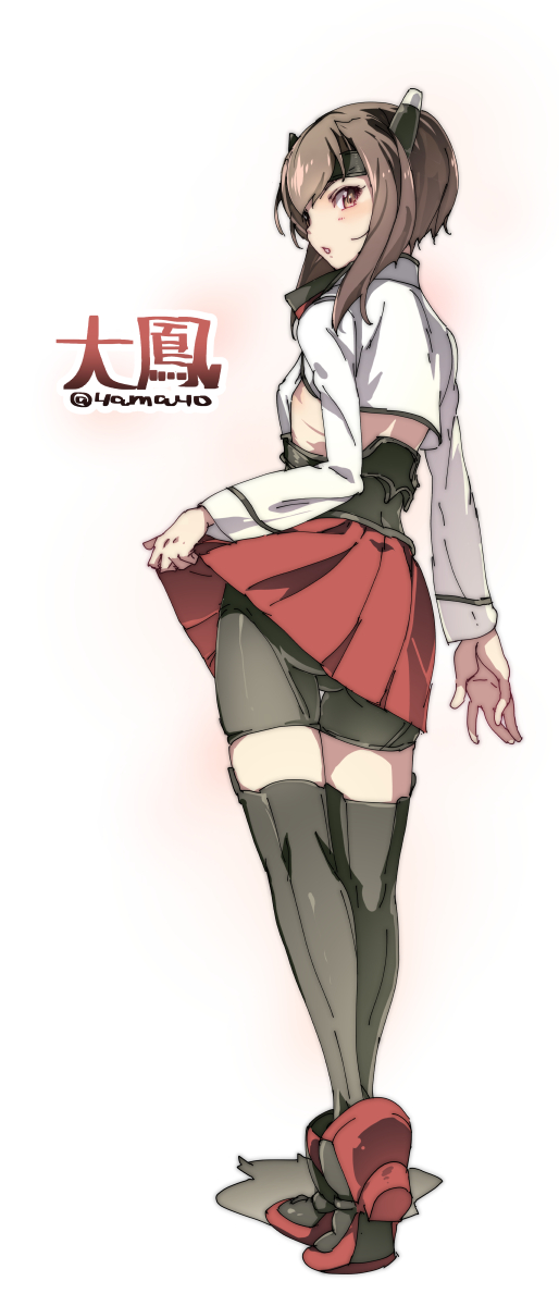1girl bike_shorts blush brown_eyes brown_hair flat_chest headband headgear highres kantai_collection looking_at_viewer looking_back open_mouth pleated_skirt short_hair skirt skirt_lift solo super_zombie taihou_(kantai_collection) thigh-highs