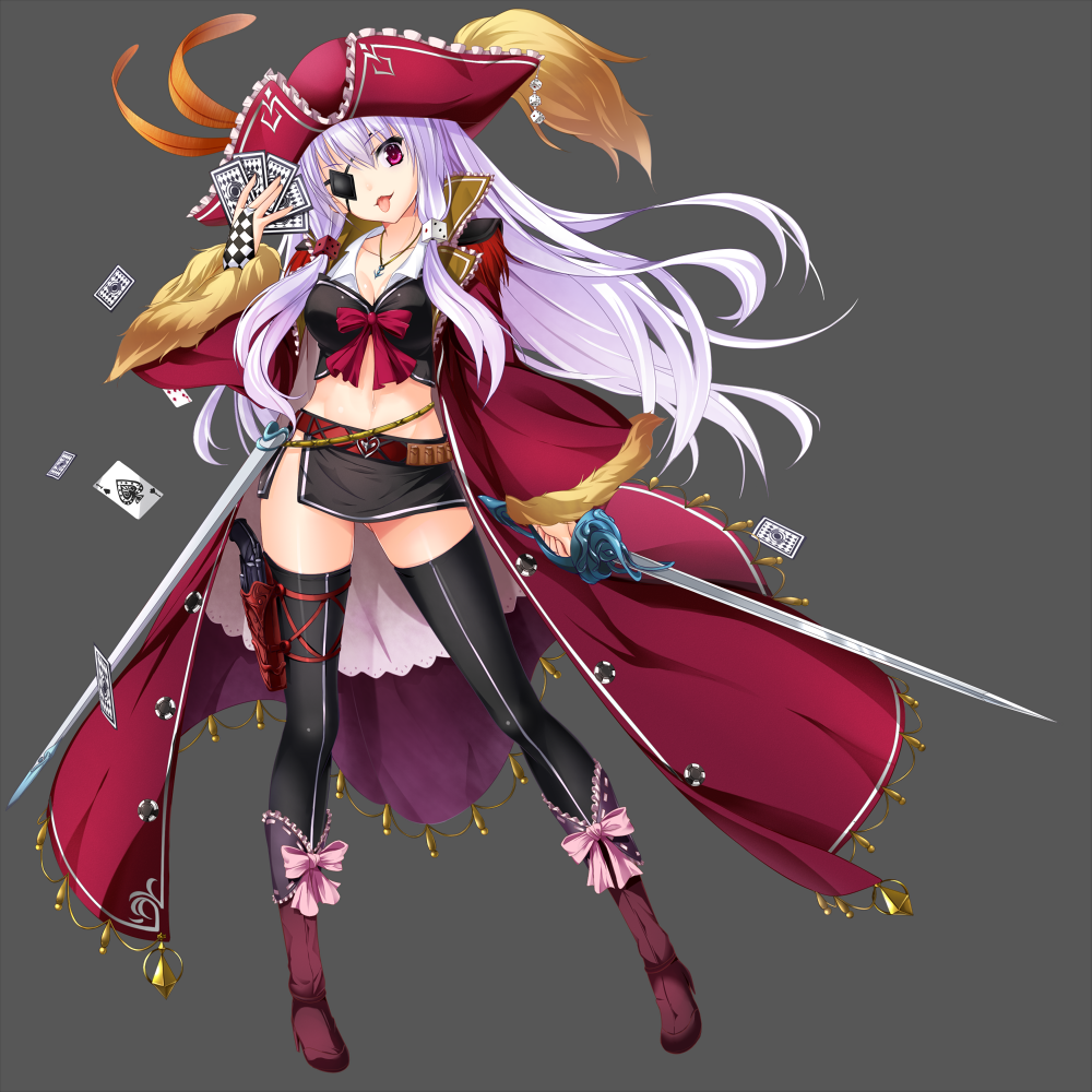 1girl black_legwear black_skirt bowtie breasts bug_(artist) cape card cleavage dice_hair_ornament eyepatch grey_background gun gunbelt hair_ornament hat jewelry long_hair looking_at_viewer midriff navel necklace original payot pirate pirate_costume pirate_hat playing_card rapier skirt solo sword thigh-highs tongue tongue_out violet_eyes weapon white_hair