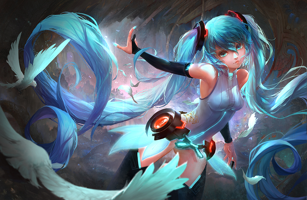 1girl absurdly_long_hair aqua_eyes aqua_hair bird bridal_gauntlets elbow_gloves gloves hatsune_miku long_hair long_yue_zi_qi miku_append outstretched_arm solo thigh-highs twintails very_long_hair vocaloid vocaloid_append