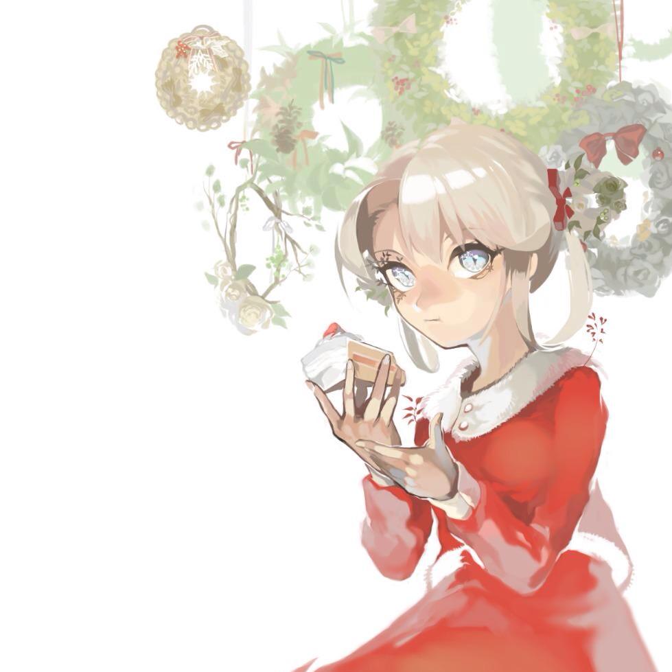 1girl blonde_hair blue_eyes cake christmas_ornaments food looking_at_viewer original pastry simple_background solo twintails white_background wntame