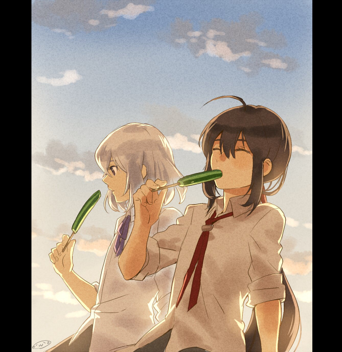 2boys ahoge alternate_costume black_hair closed_eyes clouds cucumber eating honebami_toushirou long_hair male_focus mizuhara_aki multiple_boys namazuo_toushirou outdoors pillarboxed ponytail short_hair silver_hair skewer sky touken_ranbu very_long_hair