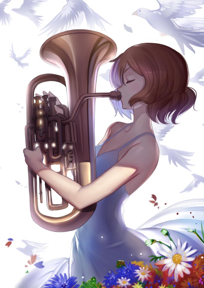 1girl bird brown_hair closed_eyes dress euphonium flower hibike!_euphonium instrument oumae_kumiko playing_instrument raijuu_(bakanara) short_hair wavy_hair