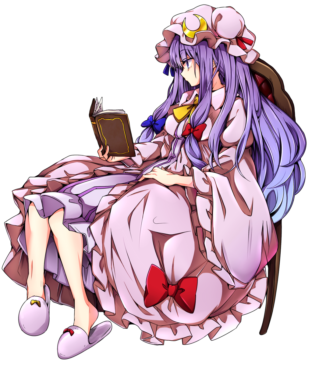1girl baba_(baba_seimaijo) book bow chair crescent dress frills full_body hair_bow hair_ornament hat hat_bow long_hair long_sleeves looking_down mob_cap open_book patchouli_knowledge profile puffy_sleeves purple_hair reading simple_background sitting slippers solo striped striped_dress touhou transparent_background vest wide_sleeves