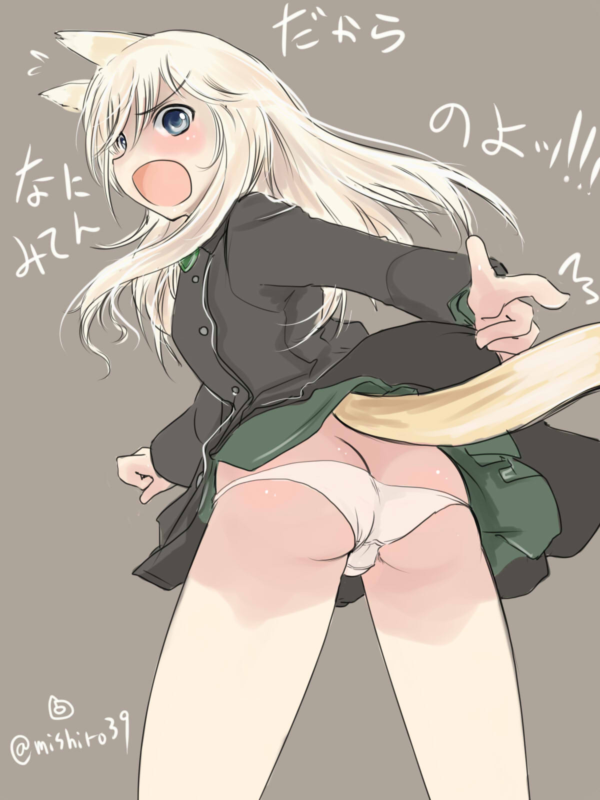 1girl animal_ears ass blonde_hair blue_eyes blush butt_crack cowboy_shot fox_ears fox_tail from_behind grey_background heart highres long_hair long_sleeves looking_back military military_uniform mishiro_shinza ottilie_kittel panties simple_background solo strike_witches tail translation_request twitter_username underwear uniform white_panties