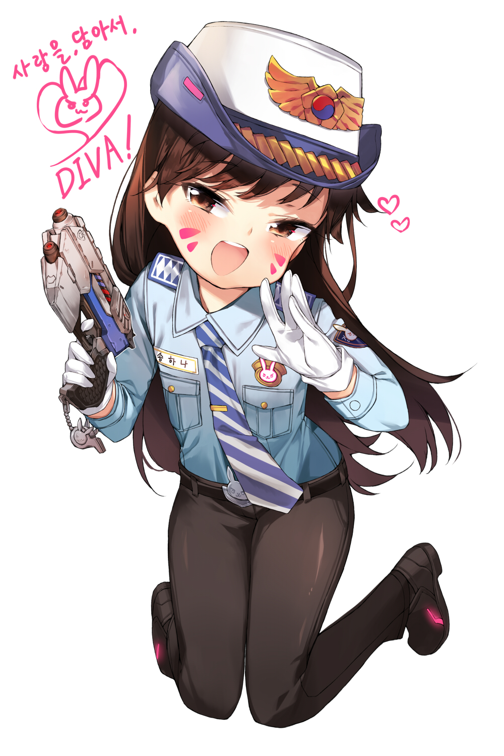 1girl alternate_costume animal_print bangs belt black_pants black_shoes blue_shirt breast_pocket brown_eyes brown_hair bunny_print character_name charm_(object) collared_shirt d.va_(overwatch) eyebrows_visible_through_hair facepaint facial_mark female_service_cap finger_on_trigger flat_chest gloves gun handgun heart highres holding holding_gun holding_weapon kneeling knees_together_feet_apart korean long_hair long_sleeves looking_at_viewer name_tag necktie officer_d.va open_mouth overwatch pants pistol pocket police police_uniform shirt shoes simple_background solo striped striped_necktie swept_bangs takotsu translation_request uniform weapon whisker_markings whistle white_background white_gloves
