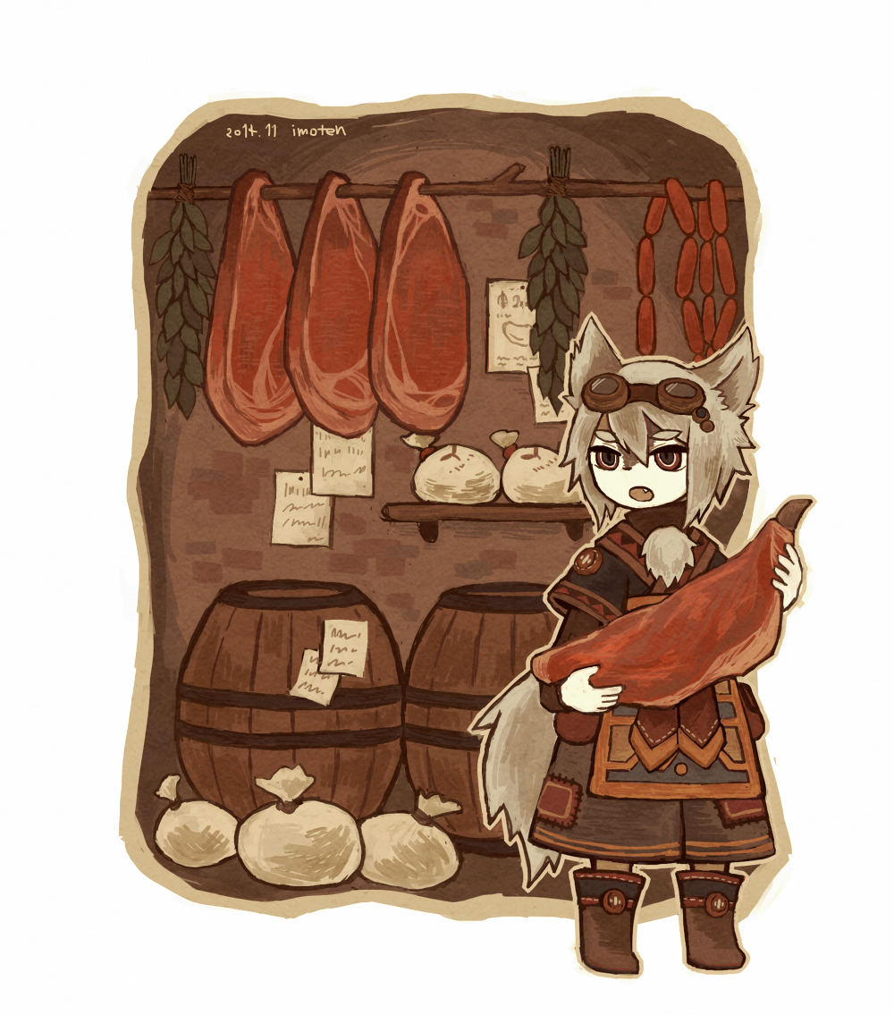 1girl animal_ears artist_name barrel boots brown_eyes dated fang food fox_ears fox_tail goggles goggles_on_head grey_hair holding indoors note original paper raw_meat satsumai sausage simple_background solo standing tail wall white_background