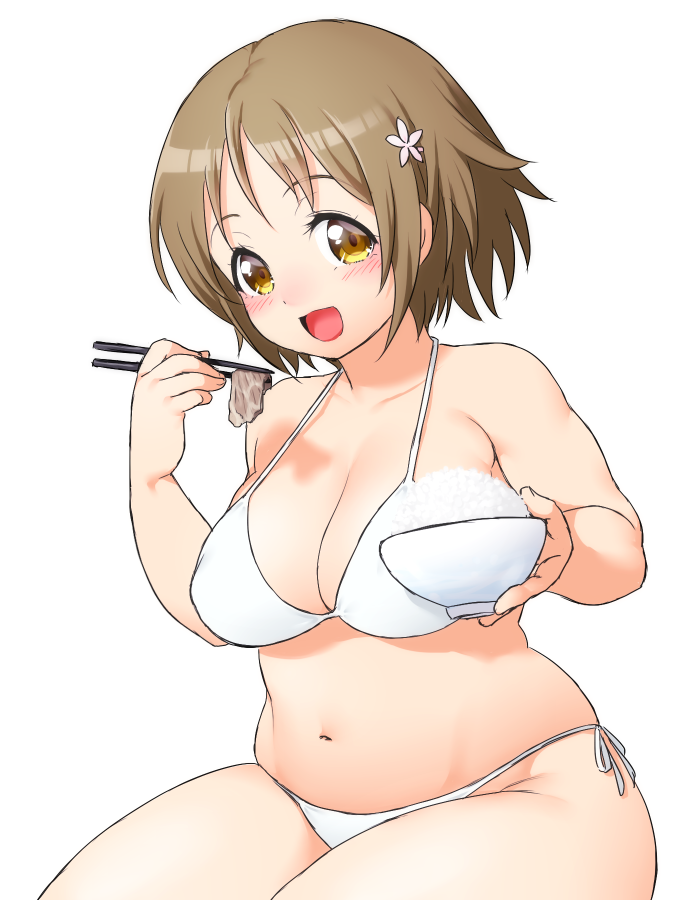 1girl bikini blush breasts brown_eyes brown_hair chopsticks cleavage eating flower food hair_flower hair_ornament idolmaster idolmaster_cinderella_girls large_breasts looking_at_viewer mimura_kanako navel onsoku_maru open_mouth plump rice_bowl short_hair side-tie_bikini sitting smile solo swimsuit white_bikini white_swimsuit