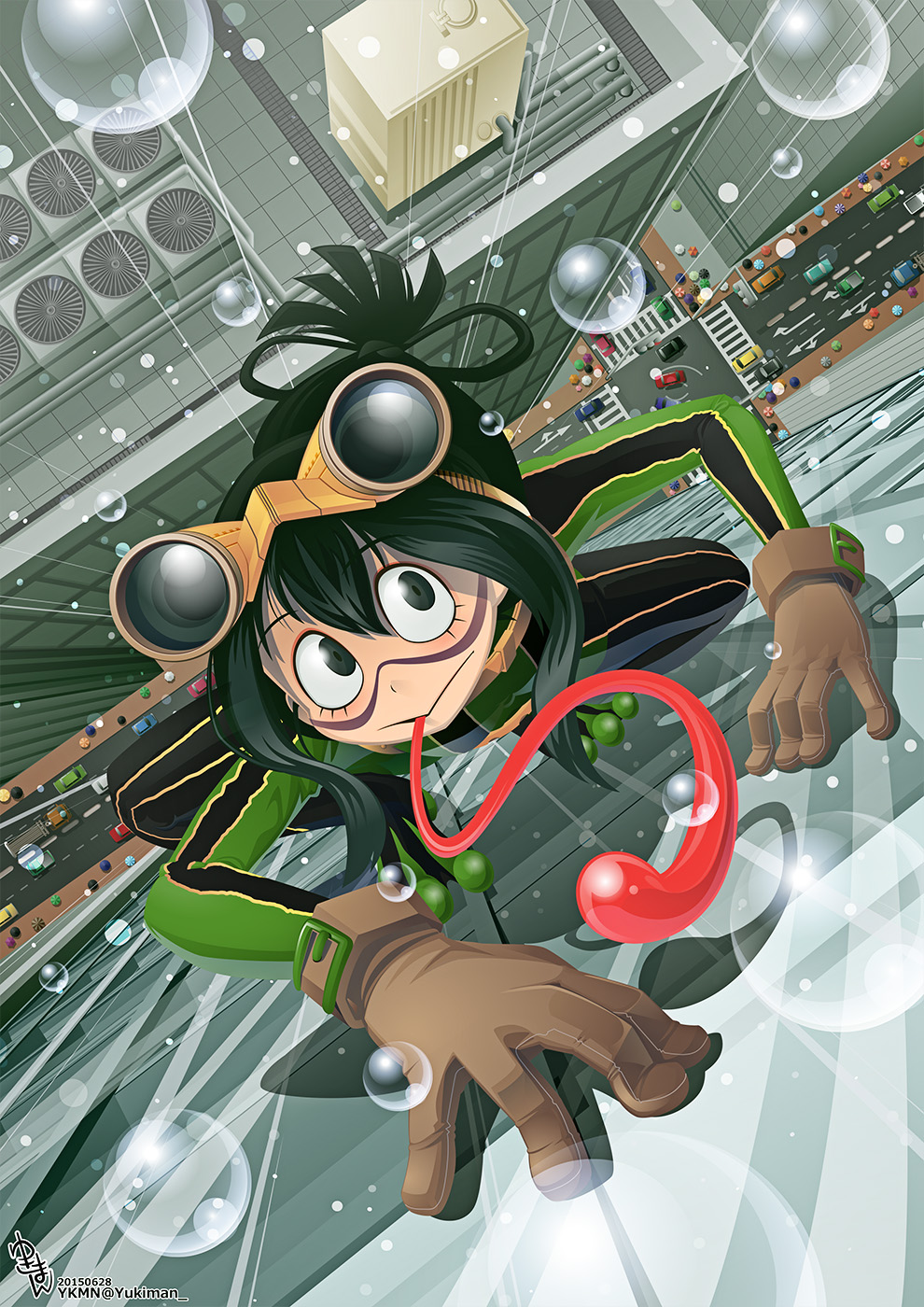 1girl :&gt; against_glass all_fours asui_tsuyu black_eyes black_hair bodysuit boku_no_hero_academia brown_gloves building car city climbing gloves goggles goggles_on_head hair_rings highres long_hair long_tongue low-tied_long_hair motor_vehicle rain road skyscraper solo tongue tongue_out vehicle yukiman