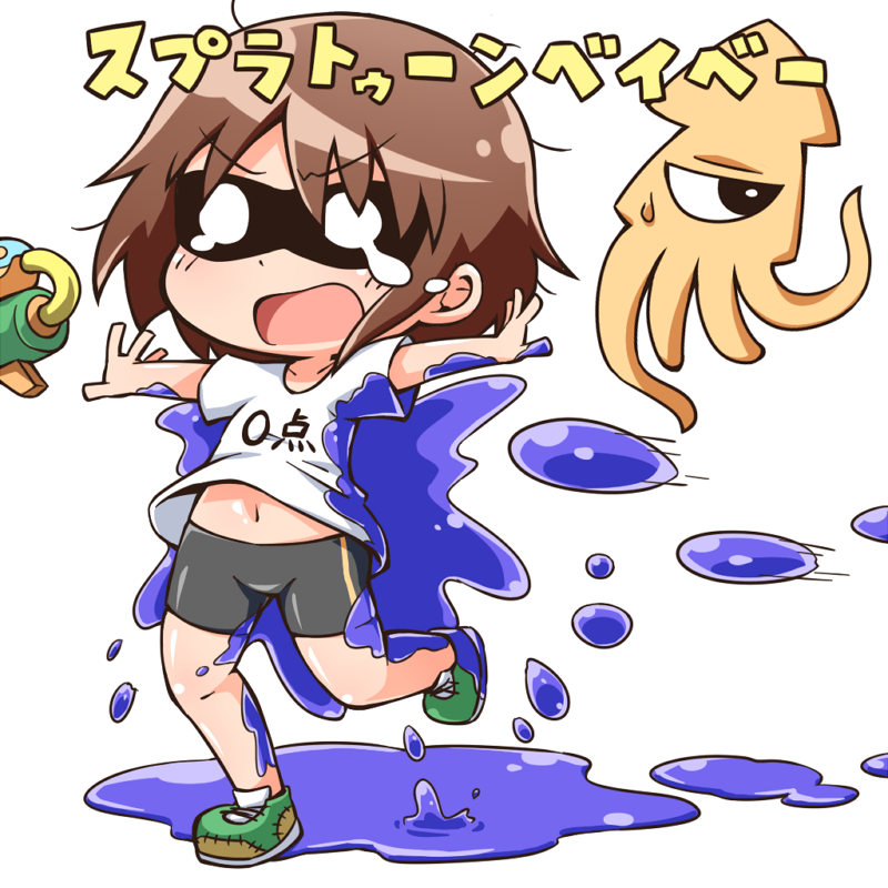 1girl bike_shorts brown_hair clothes_writing domino_mask jinnouchi_akira kill_me_baby navel o_o one-eyed open_mouth oribe_yasuna outstretched_arms paint_splatter paint_stains paintball shirt short_hair splatoon spread_arms squid standing_on_one_leg super_soaker sweatdrop tears translation_request water_gun white_shirt