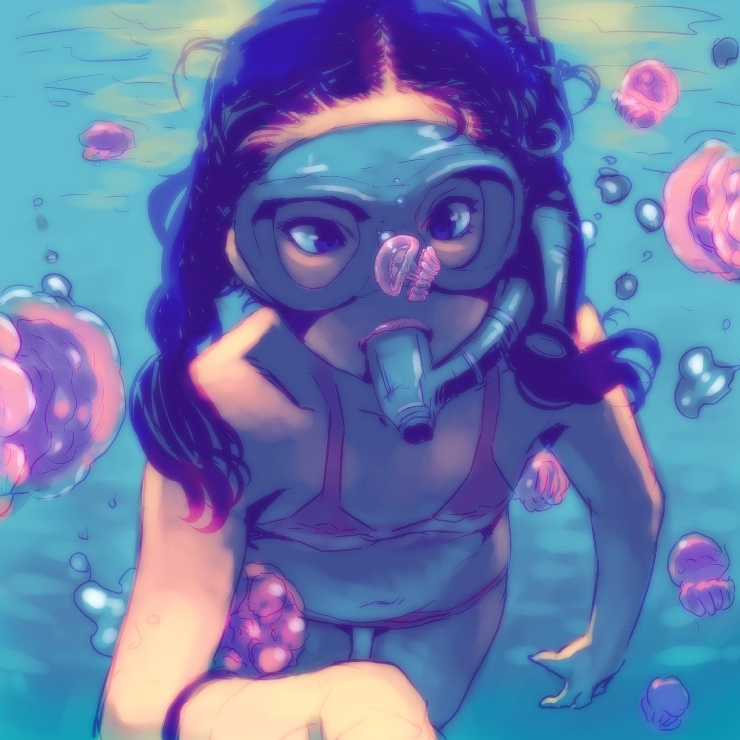 1girl diving_mask highres honzawa_yuuichirou jellyfish real_life solo underwater