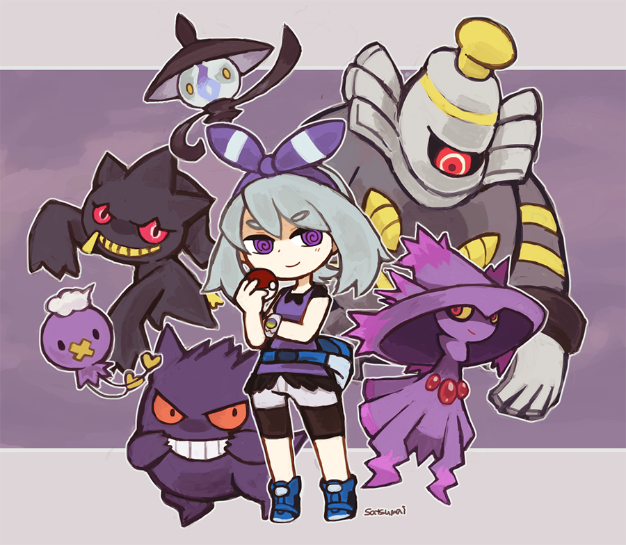 1girl @_@ banette blue_shoes bow character_request cosplay dress drifloon dusknoir gengar grey_hair hair_bow hair_ornament hex_maniac_(pokemon) lampent mismagius poke_ball pokemon pokemon_(creature) purple purple_background purple_dress satsumai shoes short_hair short_sleeves smile sneakers striped striped_bow tagme violet_eyes