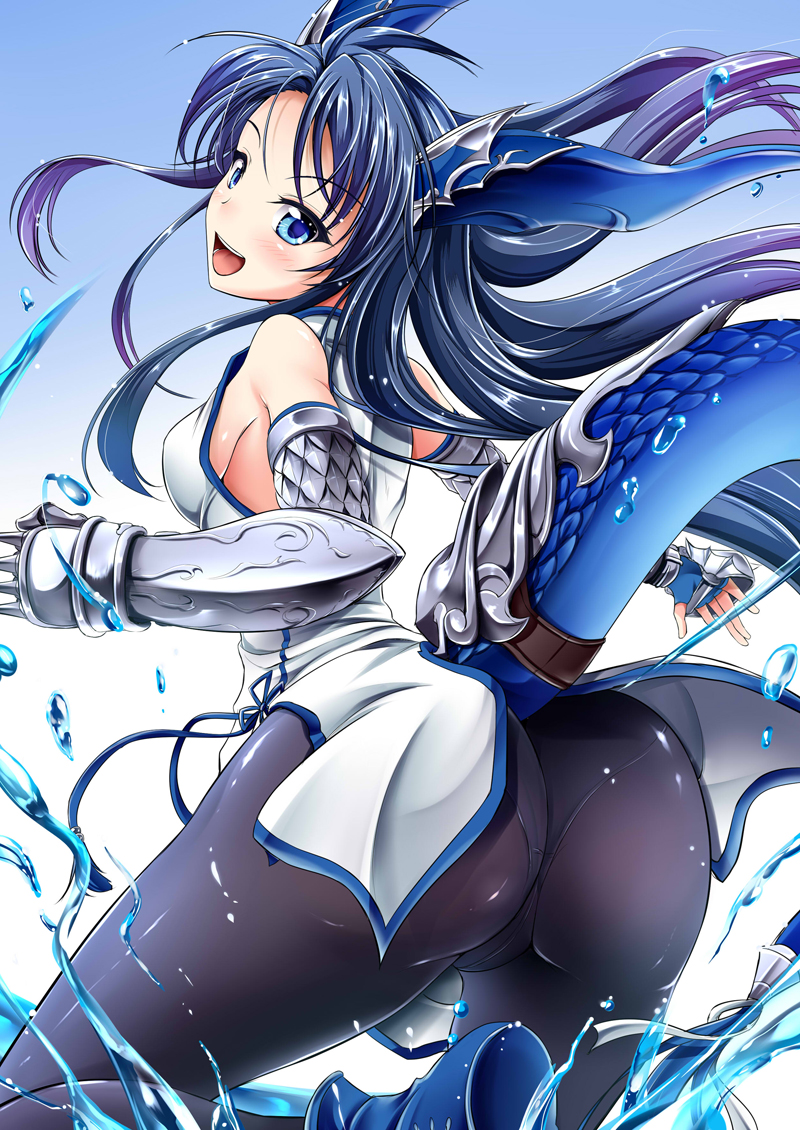 1girl :d ass black_hair blue_eyes brass_knuckles campbell_(pixiv) chinese_clothes dragon_tail horns karin_(p&amp;d) long_hair looking_back open_mouth panties panties_under_pantyhose pantyhose puzzle_&amp;_dragons sleeveless smile solo tail underwear water weapon