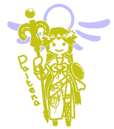 1girl bangs bare_shoulders belt breasts chibi choker dress goddess jewelry kid_icarus kid_icarus_uprising long_hair looking_at_viewer lowres monochrome necklace o-y palutena parted_bangs pendant shield side_slit single_thighhigh smile solo staff strapless_dress swept_bangs thigh-highs tiara very_long_hair yellow