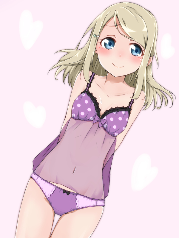 1girl arms_behind_back ayase_arisa blonde_hair blue_eyes blush dutch_angle faon_ouji lingerie love_live!_school_idol_project navel panties recolored smile solo underwear