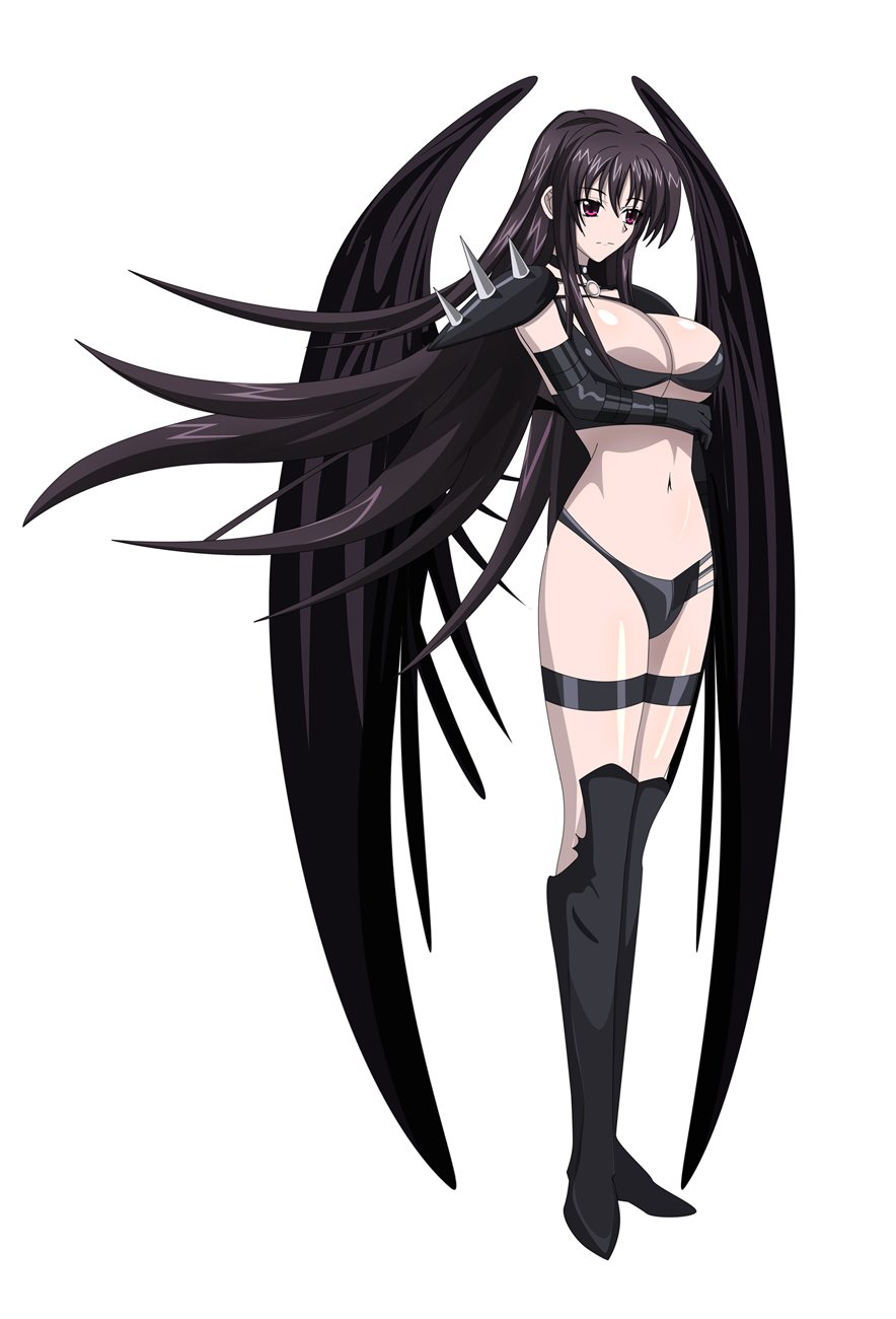 1girl amano_yuuma black_hair black_panties black_wings boots breast_hold choker full_body high_school_dxd highres long_hair navel panties raynare revealing_clothes shoulder_pads solo thigh-highs thigh_boots underwear very_long_hair violet_eyes white_background wings yxyyxy