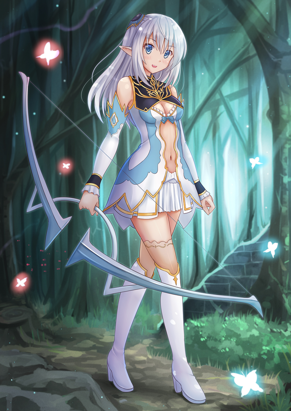 1girl altina_(shining_blade) blue_eyes boots butterfly cleavage_cutout detached_sleeves full_body hair_ornament highres kazenokaze knee_boots long_hair looking_at_viewer navel_cutout pointy_ears sheer_legwear shining_(series) shining_blade silver_hair solo standing thigh-highs
