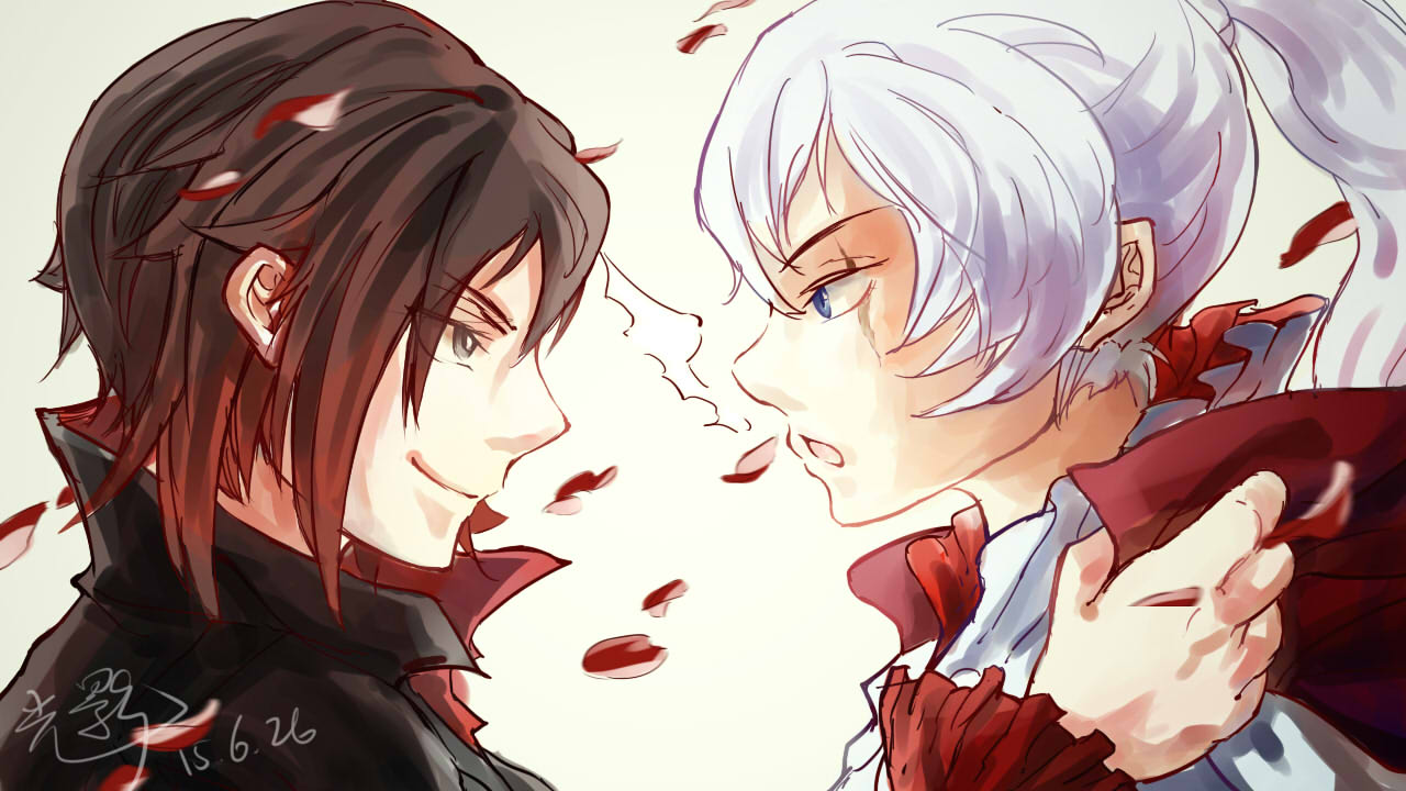 2girls black_hair blue_eyes dated face-to-face giving gradient_hair grey_eyes hand_on_another's_shoulder heroerokero high_collar long_hair multicolored_hair multiple_girls petals ponytail red_cape redhead rose_petals ruby_rose rwby scar scar_across_eye short_hair signature smile two-tone_hair warming weiss_schnee white_hair