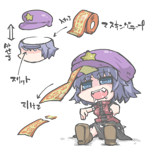 1girl @_@ beret black_hair blue_eyes commentary_request drooling hat jiangshi kureha_mitsushige miyako_yoshika ofuda outstretched_arms paper_roll shirt short_hair sitting skirt solo touhou translation_request zombie_pose