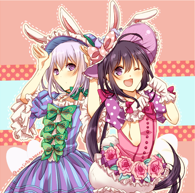 2boys ;d animal_ears black_hair bow bunny_tail crossdressinging dress fake_animal_ears fake_tail flower frilled_dress frills gloves hair_bow hat hat_bow honebami_toushirou kuro_(pixiv213382) long_hair male_focus multiple_boys namazuo_toushirou one_eye_closed open_mouth otoko_no_ko ponytail rabbit_ears rose smile tail touken_ranbu very_long_hair violet_eyes white_gloves white_hair