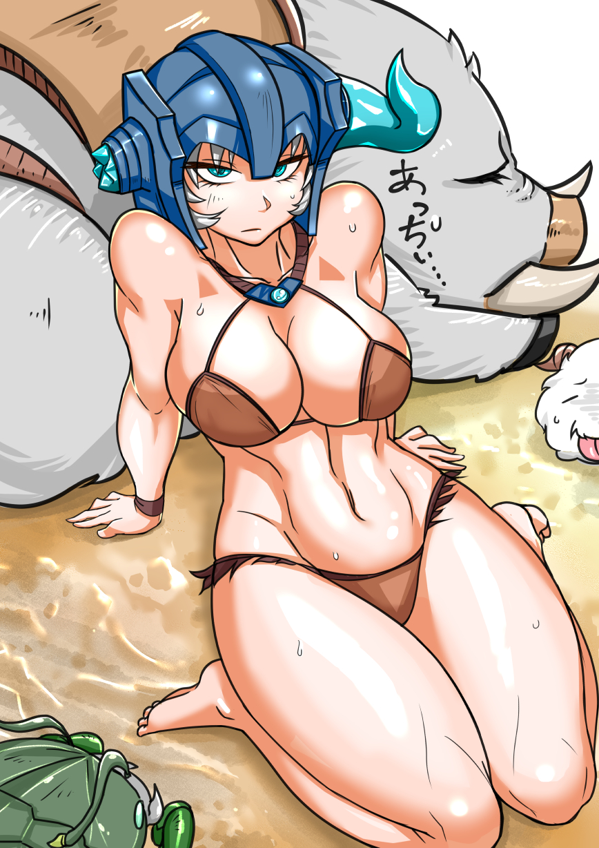 1girl bare_shoulders barefoot blue_eyes breasts bristle broken_horn brown_bikini cleavage helmet highres horns jewelry large_breasts league_of_legends looking_at_viewer navel necklace seiza sejuani short_hair silver_hair sitting sweat thick_thighs thighs translation_request zei-minarai