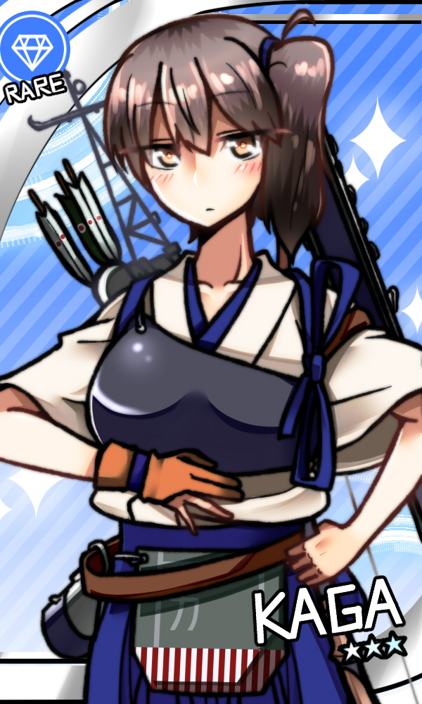 1girl arrow brown_eyes brown_hair card_parody character_name flight_deck hakama idolmaster japanese_clothes kaga_(kantai_collection) kantai_collection looking_at_viewer muneate side_ponytail solo tasuki yokai