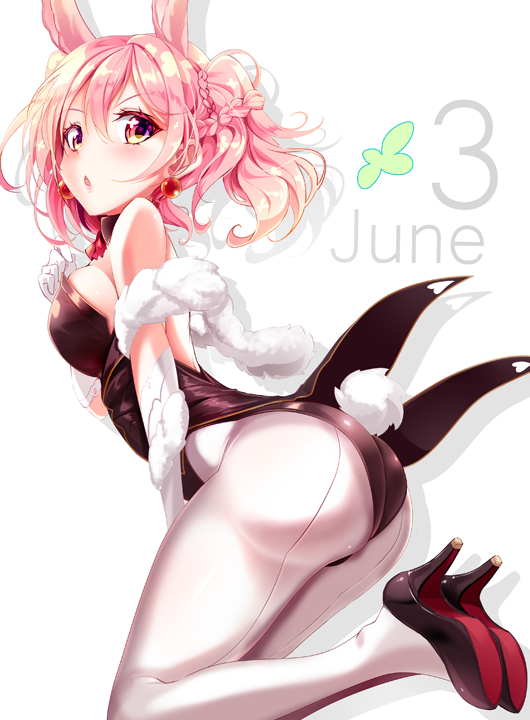 1girl 3 animal_ears ass bare_shoulders braid breasts bunny_tail bunnysuit clover detached_collar elbow_gloves gloves haruka_natsuki high_heels june looking_at_viewer number open_mouth original pink_hair rabbit_ears sideboob solo tail twintails violet_eyes white_gloves white_legwear