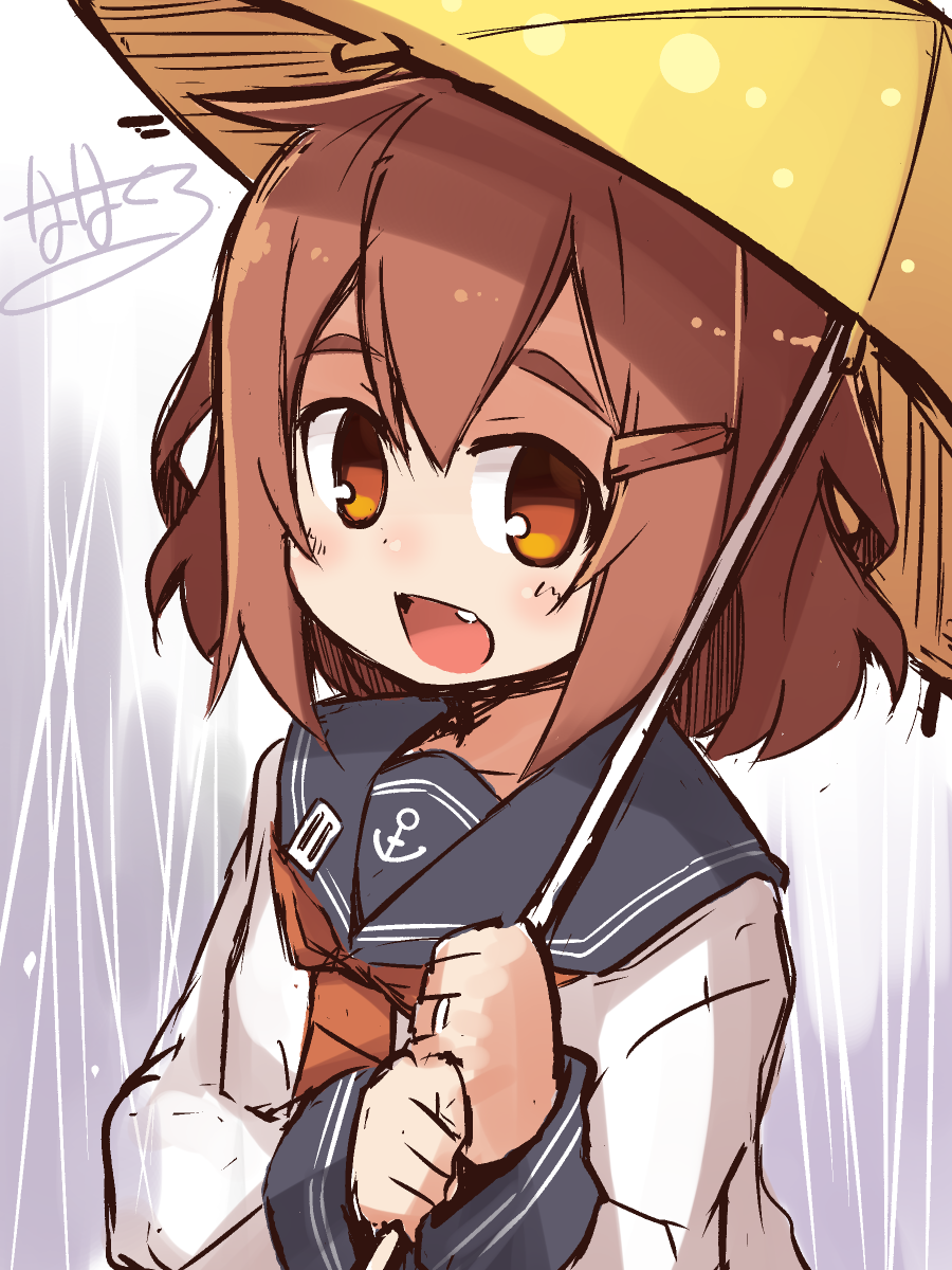 1girl anchor_symbol brown_eyes brown_hair commentary_request fang hair_ornament hairclip highres ikazuchi_(kantai_collection) jewelry kantai_collection long_sleeves looking_at_viewer neckerchief open_mouth rain ring school_uniform serafuku short_hair solo tenjou_nanaki umbrella