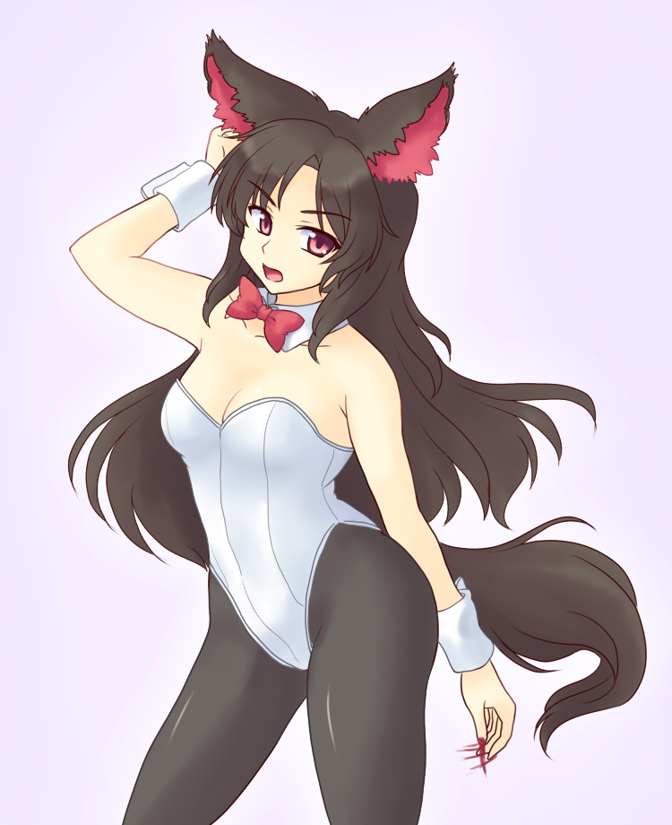 1girl animal_ears bare_arms bare_shoulders black_hair black_legwear breasts bunnysuit cleavage detached_sleeves gomi_(gomitin) imaizumi_kagerou leotard long_hair pantyhose pink_eyes solo tail touhou very_long_hair wolf_ears wolf_tail wrist_cuffs