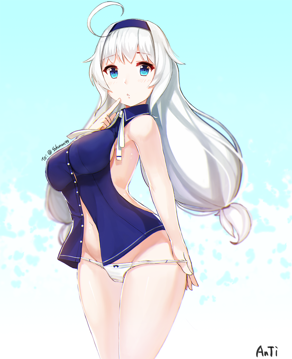 1girl ahoge artist_name bare_shoulders blue_eyes bow bow_panties deneb_(noble324) finger_to_mouth hairband highres long_hair looking_at_viewer low_twintails navel no_pants original panties panty_pull parted_lips solo twintails underwear white_hair white_panties