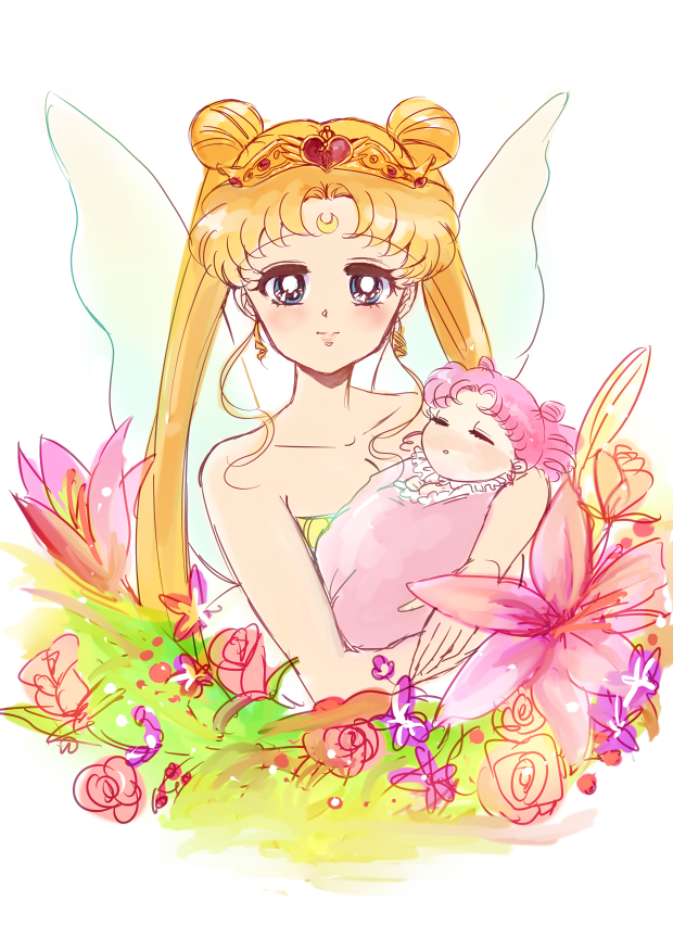baby bishoujo_senshi_sailor_moon blanket blonde_hair blue_eyes carrying chibi_usa closed_eyes crown double_bun earrings facial_mark flower forehead_mark jewelry kaerusan-suki-chu lily_(flower) long_hair mother_and_daughter neo_queen_serenity pink_hair rose sleeping small_lady_serenity tsukino_usagi twintails very_long_hair wings younger