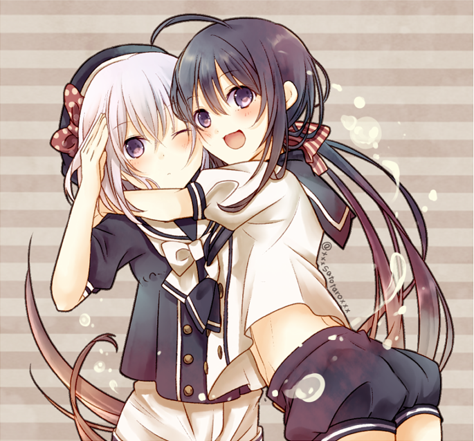 2boys ahoge androgynous black_hair bow hair_bow hat honebami_toushirou hug kuro_(pixiv213382) male_focus multiple_boys namazuo_toushirou one_eye_closed open_mouth polka_dot polka_dot_bow ponytail puffy_shorts sailor_collar sailor_hat salute shorts smile touken_ranbu twitter_username violet_eyes white_hair