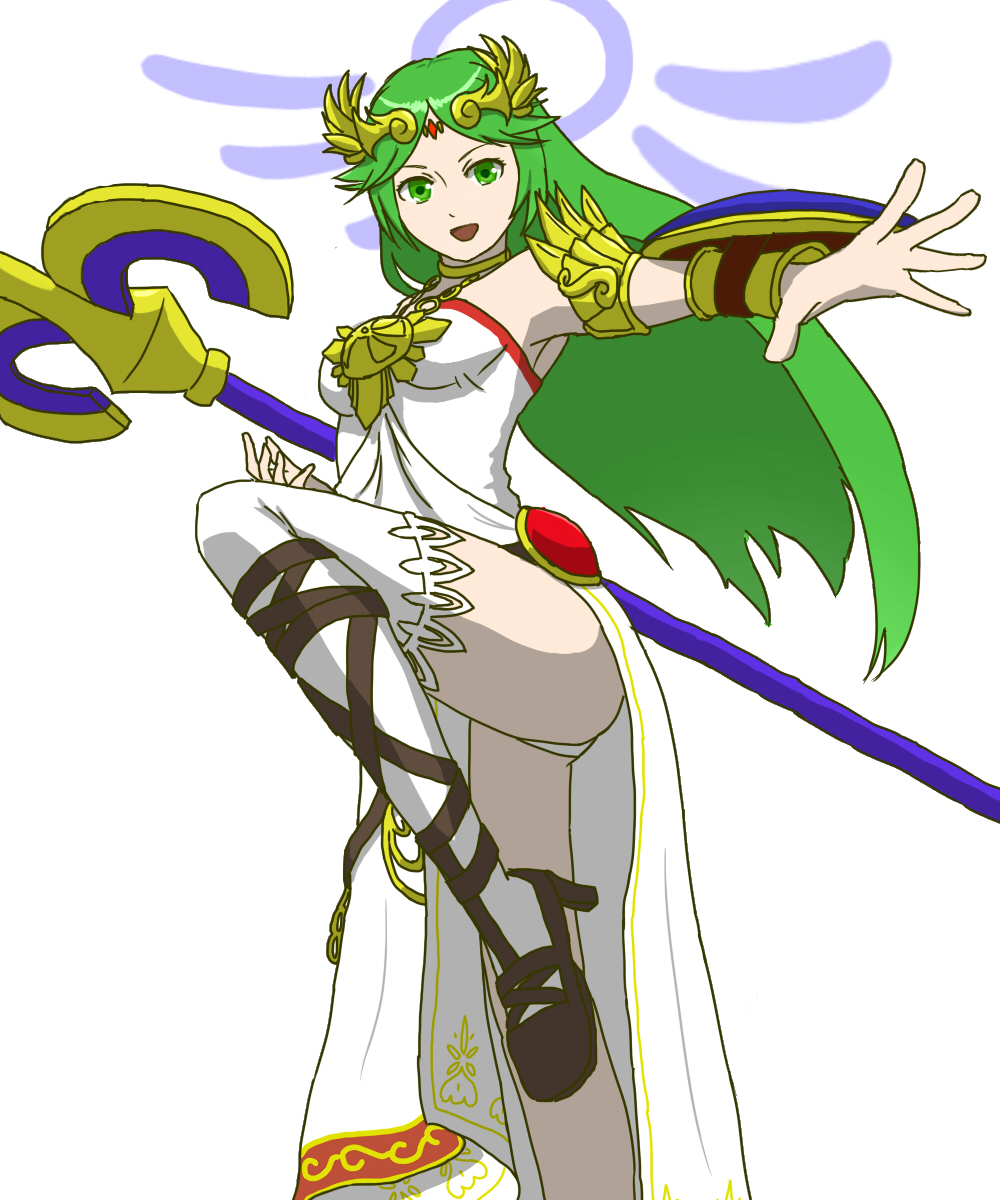 1girl armor bangs bare_shoulders belt breasts choker dress goddess green_eyes green_hair highres jewelry kid_icarus kid_icarus_uprising leg_up legs long_hair long_legs looking_at_viewer necklace o-y palutena panties pantyshot pantyshot_(standing) parted_bangs pendant shield side_slit single_thighhigh smile solo staff standing strapless_dress swept_bangs thigh-highs thighs tiara underwear vambraces very_long_hair white_legwear white_panties