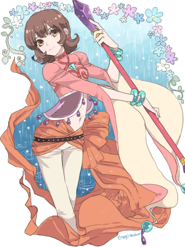 1girl annie_barrs bracelet brown_eyes brown_hair earrings flipped_hair flower jewelry navel negi_(loveyr) pants rain short_hair smile solo staff tales_of_(series) tales_of_rebirth