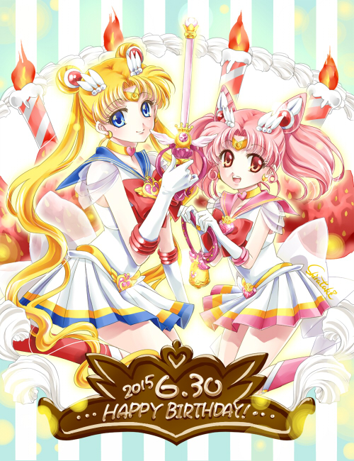 2015 2girls bishoujo_senshi_sailor_moon blonde_hair blue_eyes boots bow brooch cake candle chibi_usa choker crystal_carillon dated earrings elbow_gloves food gloves hair_ornament hairpin happy_birthday jewelry kaleidomoon_scope knee_boots long_hair magical_girl multiple_girls pink_boots pink_hair pleated_skirt red_boots red_bow red_eyes sailor_chibi_moon sailor_collar sailor_moon shirataki_kaiseki short_hair skirt smile striped striped_background super_sailor_chibi_moon super_sailor_moon tsukino_usagi twintails white_gloves