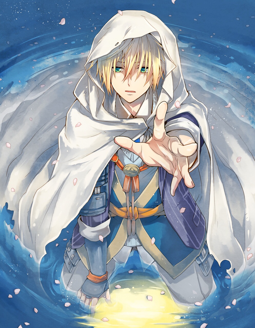 1boy blonde_hair blue_eyes highres hood kneeling komiyama_(yoshida_cant) male_focus partially_submerged petals reaching touken_ranbu water yamanbagiri_kunihiro