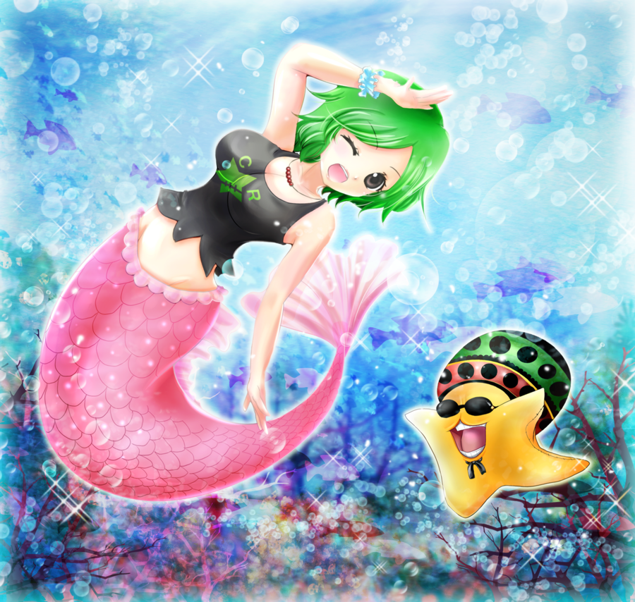 1girl air_bubble breasts brown_eyes camie cleavage coral fish green_hair hand_on_own_head hat jewelry looking_at_viewer mermaid monster_girl necklace one_eye_closed one_piece open_mouth pappug shirt short_hair sleeveless sleeveless_shirt sparkle star sunglasses tank_top tsukiori_sasa underwater wrist_cuffs