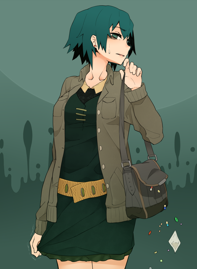 1girl bag collarbone dress drugs green_eyes green_hair handbag jewelry looking_at_viewer ninjunker original shaking short_hair single_earring sweatdrop