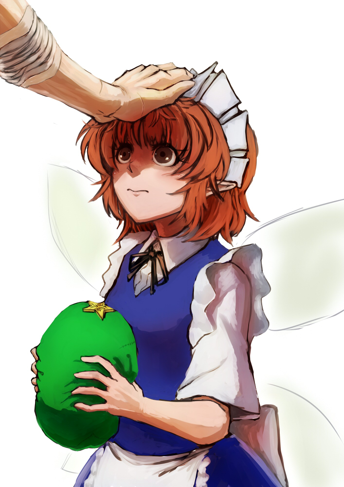 apron bandages brown_eyes brown_hair dress extra fairy_maid fairy_wings hand_on_another's_head hat holding holding_hat littlefinger1988 maid_headdress pointy_ears scar short_hair touhou waist_apron wings