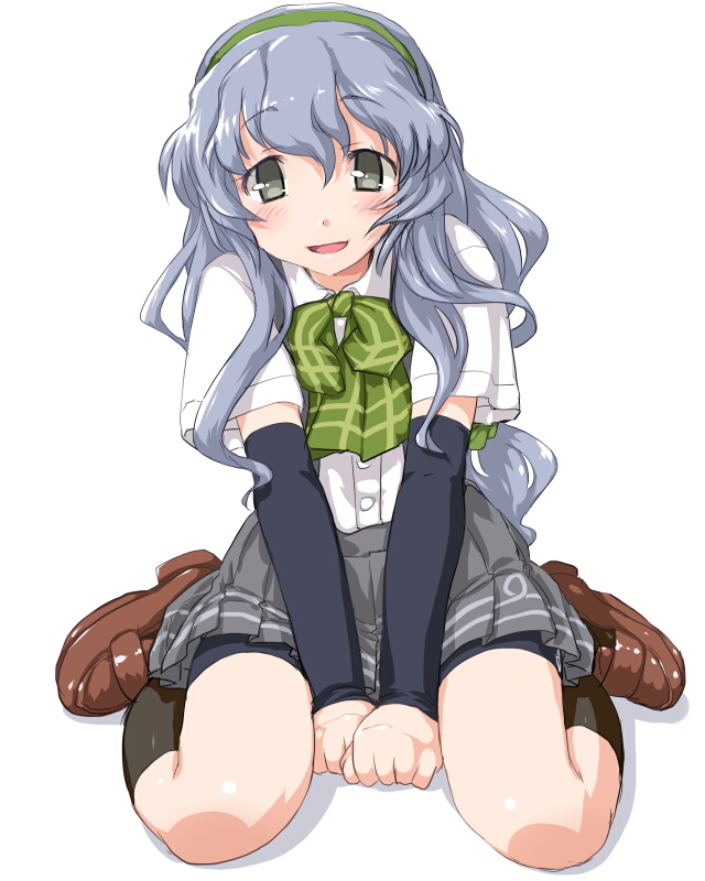 1girl :d arm_warmers blush bow dd_(ijigendd) dress_shirt green_bow grey_eyes grey_hair hairband kantai_collection loafers long_hair looking_at_viewer open_mouth plaid plaid_bow school_uniform shirt shoes short_sleeves sitting smile solo wariza white_shirt yamagumo_(kantai_collection)