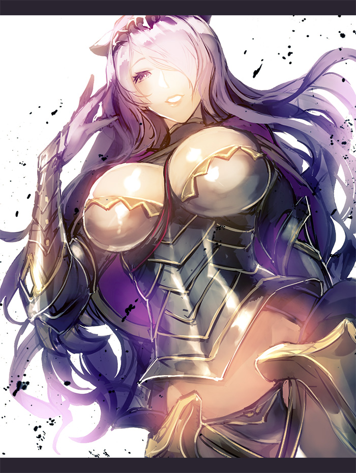 armor breasts camilla_(fire_emblem_if) cleavage fire_emblem_if hair_over_one_eye nanosuke purple_hair violet_eyes