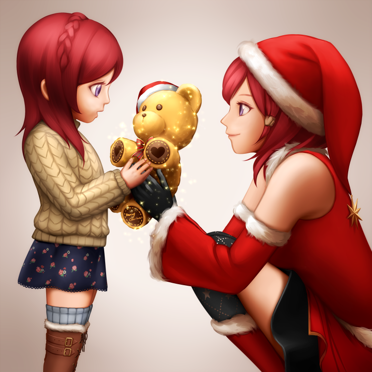 2girls bon_nob child christmas detached_sleeves dual_persona hat looking_at_another love_live!_school_idol_festival love_live!_school_idol_project multiple_girls nishikino_maki redhead santa_costume santa_hat short_hair smile stuffed_animal stuffed_toy teddy_bear time_paradox violet_eyes young