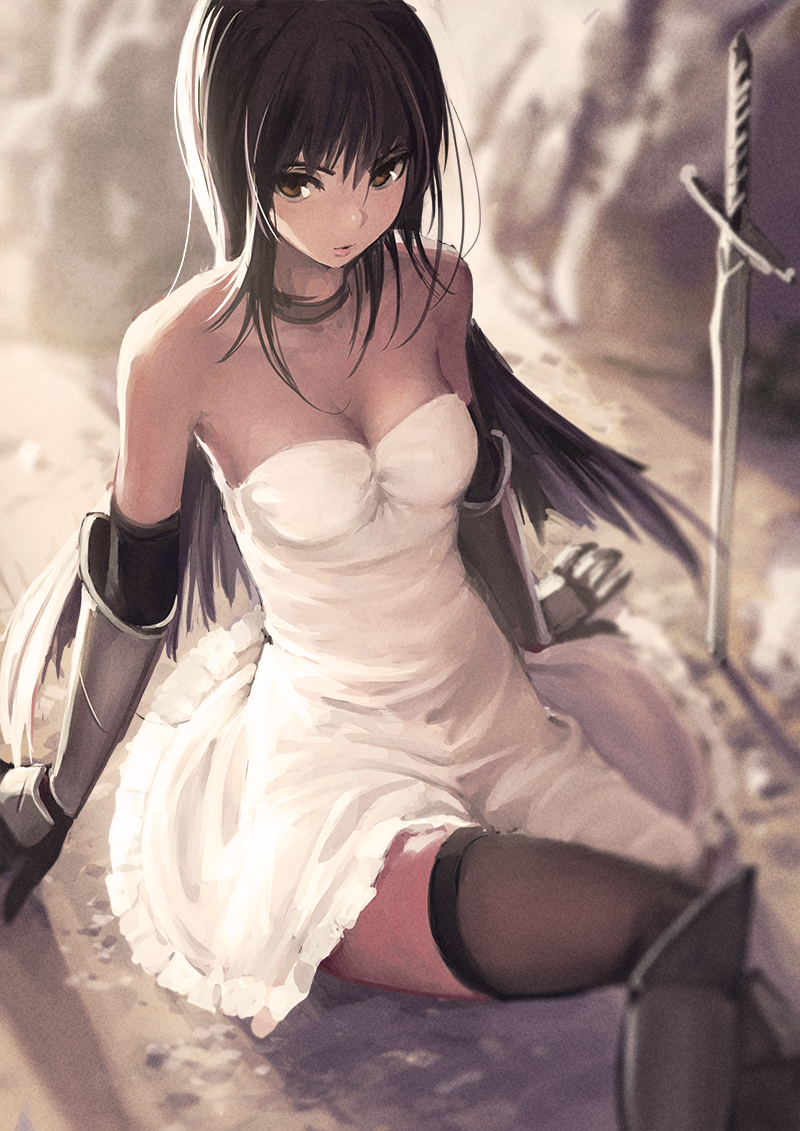 1girl bangs bare_shoulders black_hair breasts brown_eyes choker cleavage domo1220 dress elbow_gloves gauntlets gloves greaves long_hair looking_at_viewer on_ground original planted_sword planted_weapon sitting solo strapless_dress sword thigh-highs weapon white_dress