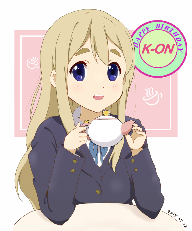 1girl blonde_hair blue_eyes casual hat k-on! kotobuki_tsumugi long_hair school_uniform sun_hat sync_(id_12519877) teapot