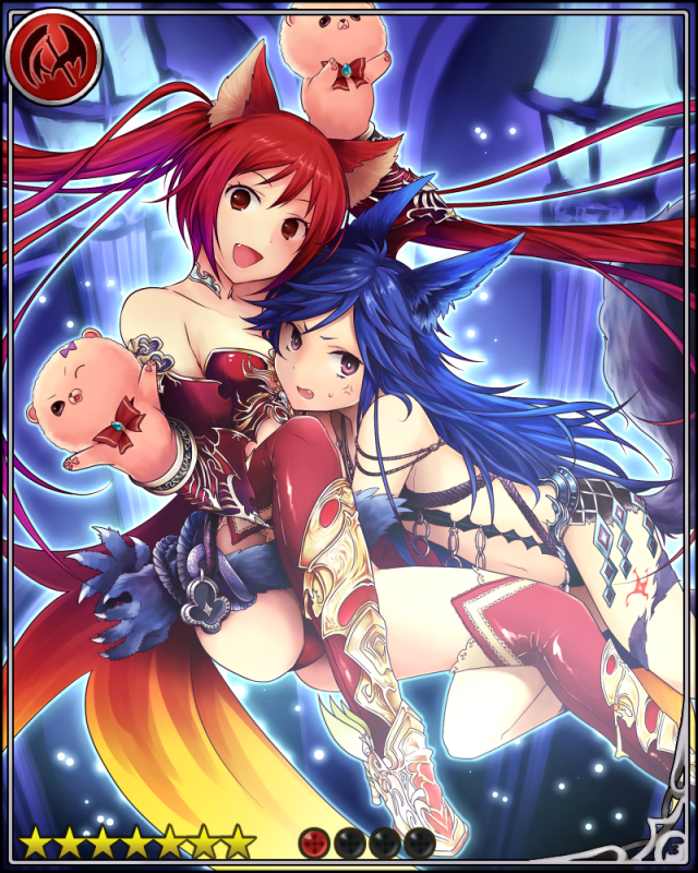 2girls anger_vein animal_ears blue_hair boots card_(medium) cerberus_(shingeki_no_bahamut) creator_connection crossover dog_ears fang fenrir_(granblue_fantasy) granblue_fantasy hand_puppet hug long_hair looking_at_viewer multiple_girls puppet q_m red_eyes redhead shingeki_no_bahamut tagme thigh-highs thigh_boots tied_up twintails very_long_hair violet_eyes