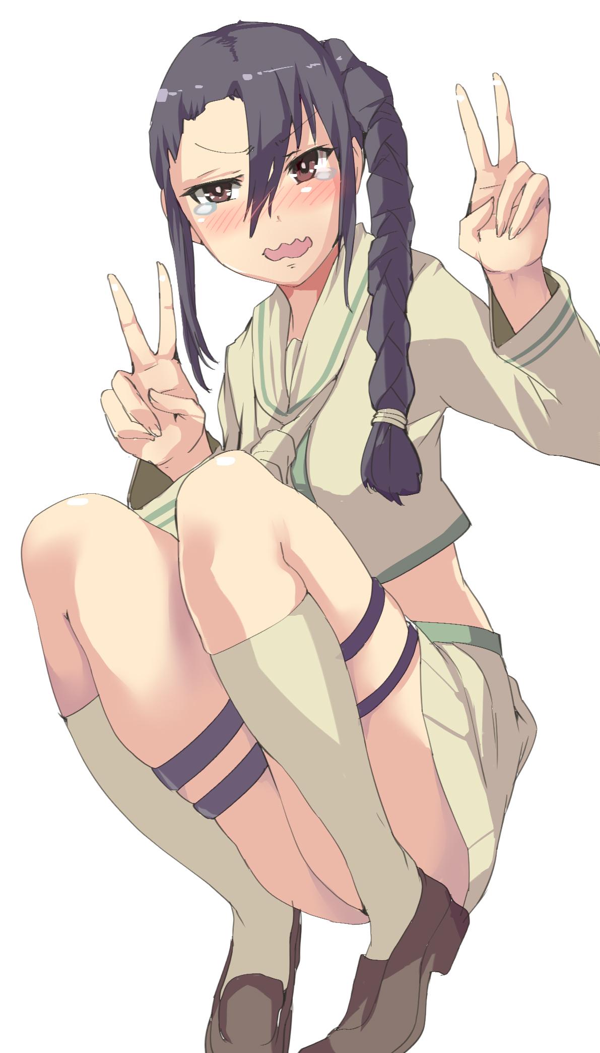 1girl alternate_costume armadillo-tokage bent_knees black_hair braid cosplay double_v embarrassed green_clothes hair_between_eyes highres kantai_collection kitakami_(kantai_collection)_(cosplay) long_hair looking_at_viewer midriff miniskirt nachi_(kantai_collection) open_mouth school_uniform side_braid single_braid skirt skirt_set thighs v wavy_mouth