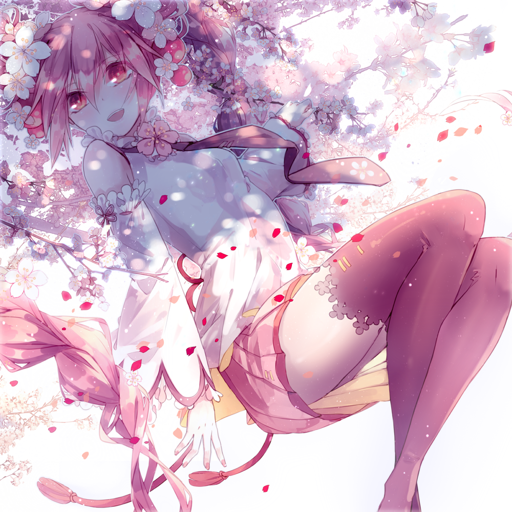 1girl boots cherry cherry_blossoms detached_sleeves food fruit hair_ornament hatsune_miku long_hair lyodi nail_polish necktie open_mouth petals pink_boots pink_eyes pink_hair pink_legwear pink_nails pink_skirt revision sakura_miku skirt smile solo thigh-highs thigh_boots twintails very_long_hair vocaloid