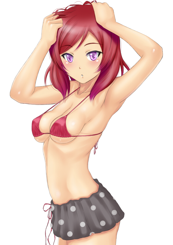 1girl arms_up bikini bikini_skirt love_live!_school_idol_project muffin_(sirumeria) nishikino_maki redhead short_hair swimsuit violet_eyes