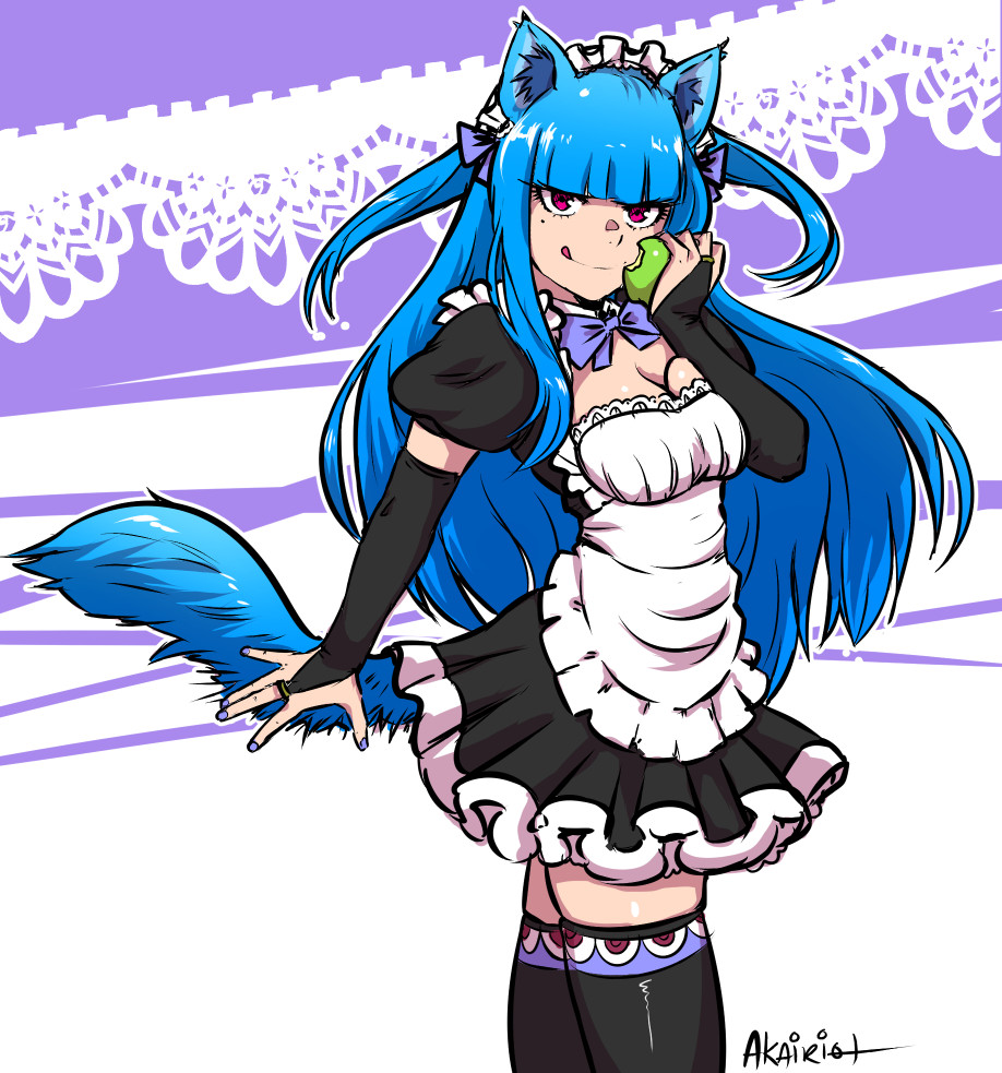 1girl :q akairiot alternate_costume alternate_hair_color animal_ears apple bangs black_legwear blue_hair blunt_bangs breasts bridal_gauntlets cleavage commentary enmaided fire_emblem fire_emblem:_kakusei food fruit fusion holo long_hair maid maid_headdress nail_polish pink_eyes puffy_short_sleeves puffy_sleeves purple_nails short_sleeves solo spice_and_wolf tail tharja thigh-highs tongue tongue_out two_side_up wolf_ears wolf_tail zettai_ryouiki